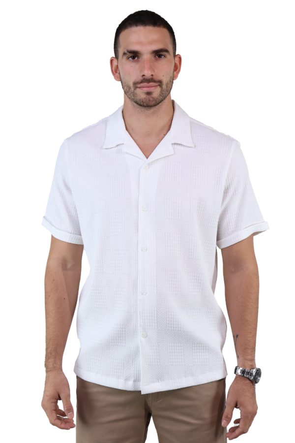 Camisa Blanca Texturizada Manga Corta Estilo Casual de Algodón para Caballero